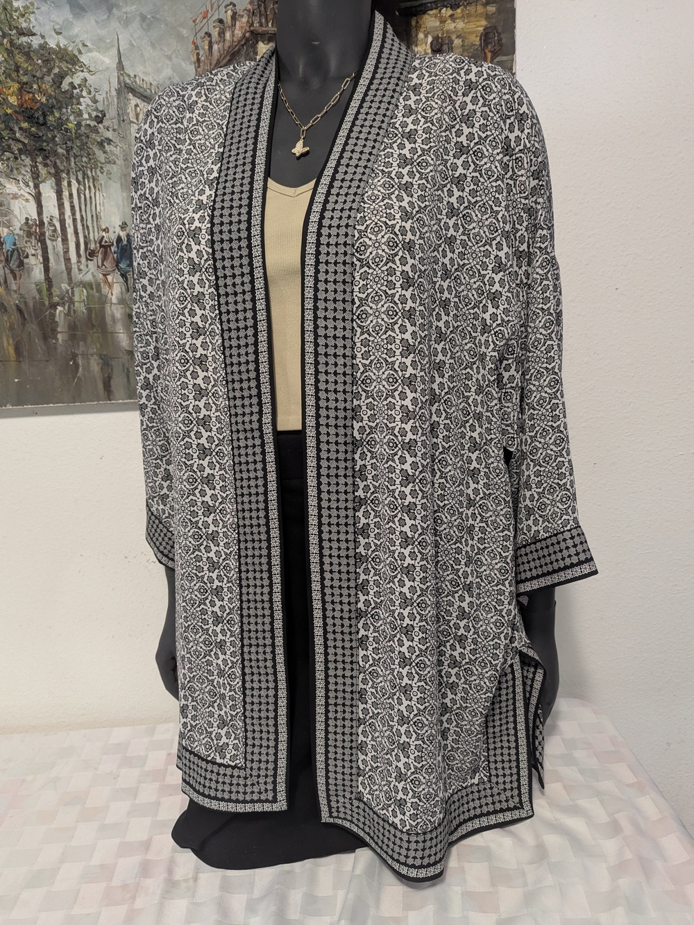 Black & White Open Front Patterned Women’s Cardigan